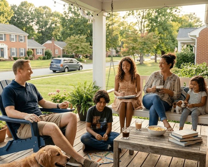 A family on their front porch — representing peace of mind through good coverage